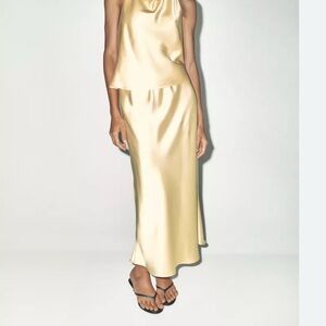 Zara yellow satin midi skirt